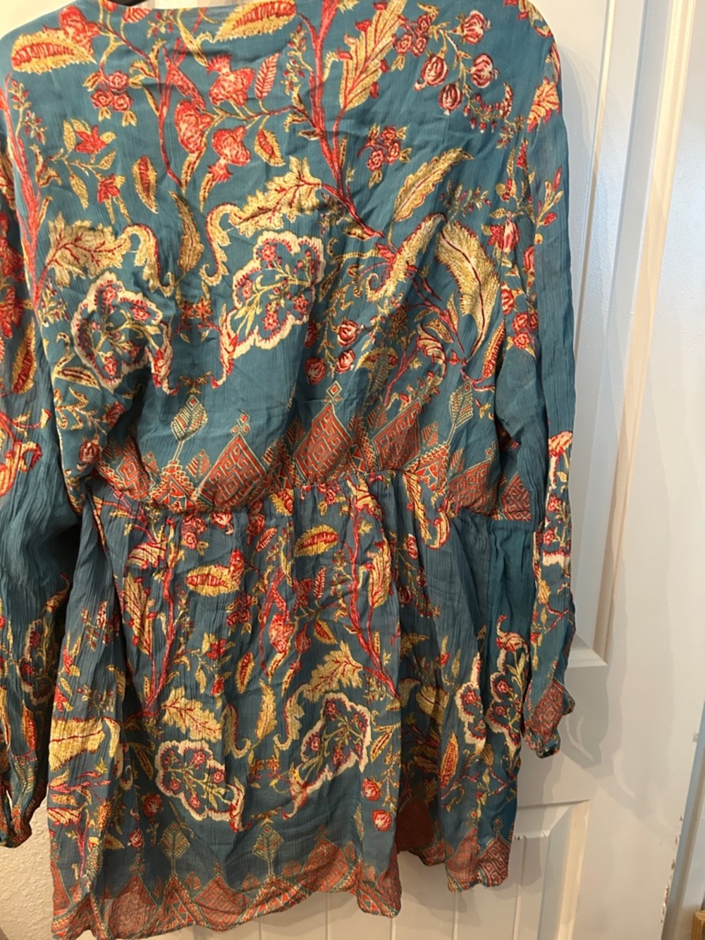 Teal Embroidered Boho Tunic Top with Multicolor Floral Details Festival - Picture 4 of 8